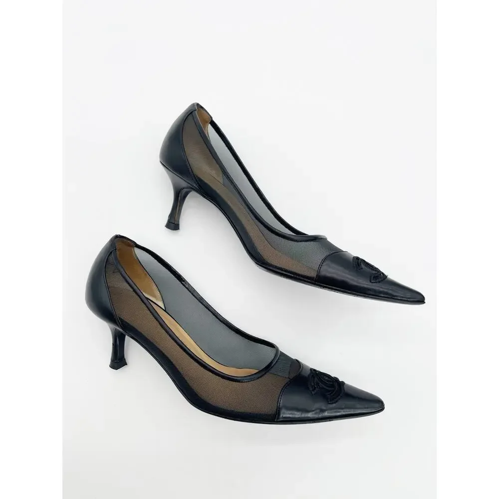 Chanel Vintage Black Mesh Leather CC Cap Toe Pointed Toe Pumps Heels EU 36